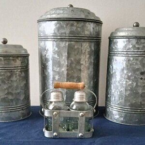 GALVINIZED METAL CANISTER SET OF 3 WITH A MASON JAR SALT & PEPPER SET IN HOLDER